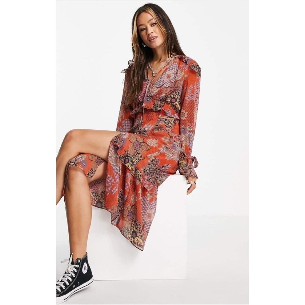 Topshop Midi Dress Womens 4 Orange Floral Long Sleeve Ruffle V-Neck Boho